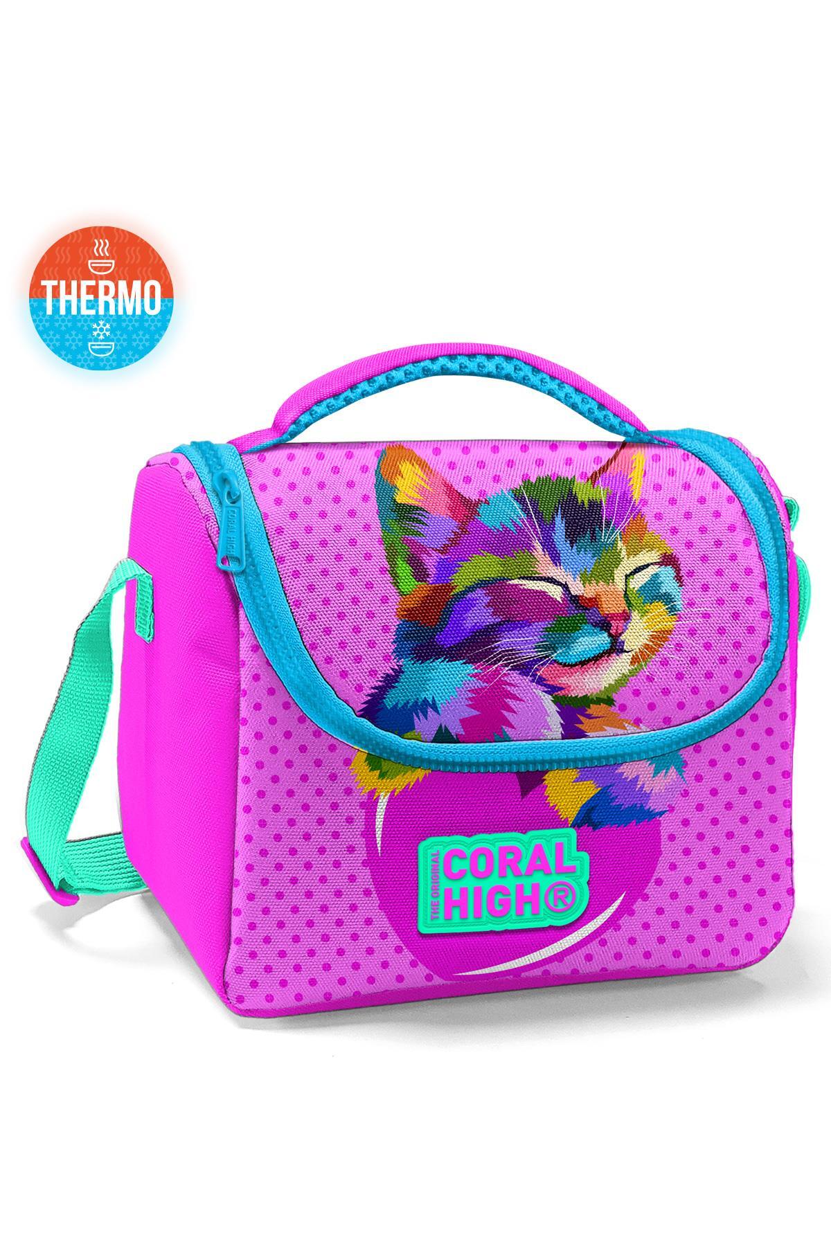 Coral High Kids Pembe Mavi Kedi Desenli Thermo Beslenme Çantası 11838