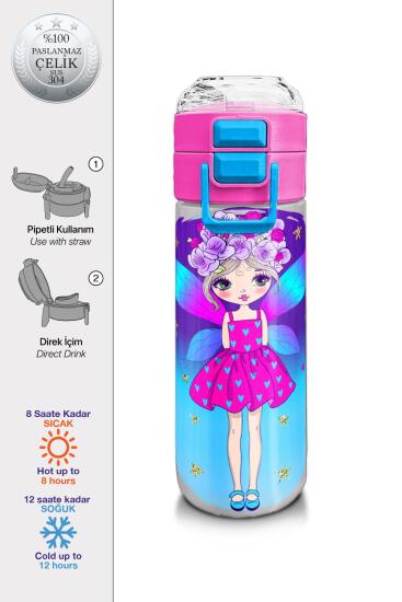 Coral High Kids Pembe Mavi Peri Desenli Pipetli ve Direkt İçim Çelik Termos 500 ml 31803 - Coral High KIDS