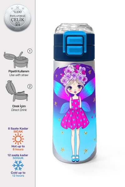 Coral High Kids Pembe Mavi Peri Desenli Pipetli ve Direkt İçim Çelik Termos 500 ml 31803 - 1