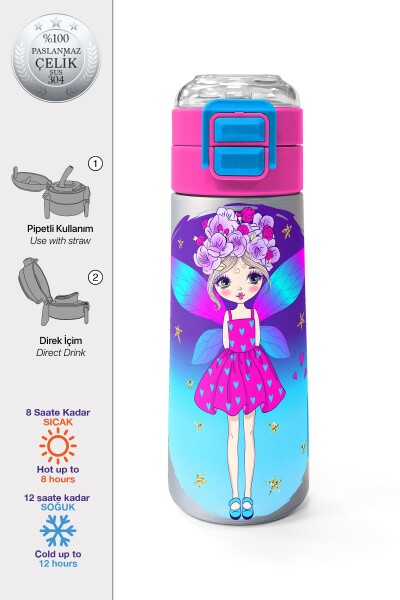 Coral High Kids Pembe Mavi Peri Desenli Pipetli ve Direkt İçim Çelik Termos 500 ml 31803 - 1