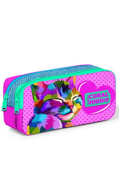 Coral High Kids Pembe Mavi Simli Kedi Desenli İki Bölmeli Kalem Çantası 22185 - 1
