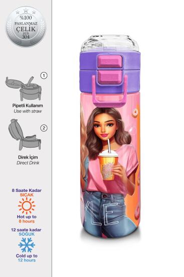 Coral High Kids Pembe Mercan Fashion Girl Desenli Pipetli ve Direkt İçim Çelik Termos 500 ml 31869 - Coral High KIDS