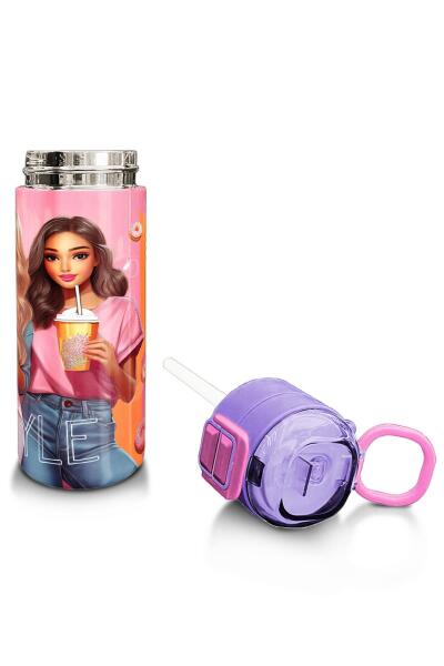 Coral High Kids Pembe Mercan Fashion Girl Desenli Pipetli ve Direkt İçim Çelik Termos 500 ml 31869 - 4