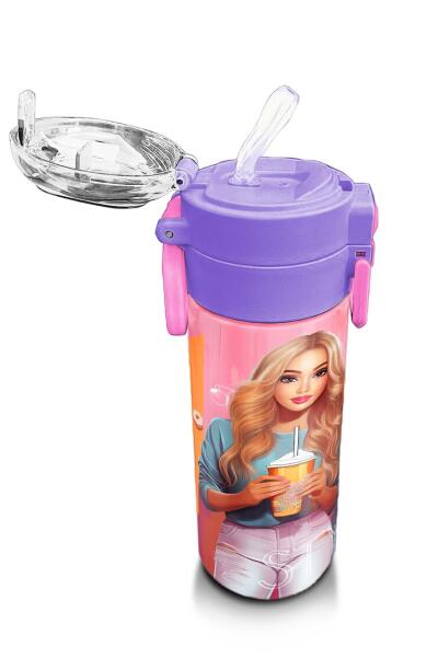 Coral High Kids Pembe Mercan Fashion Girl Desenli Pipetli ve Direkt İçim Çelik Termos 500 ml 31869 - 5