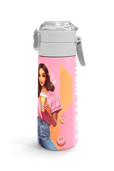 Coral High Kids Pembe Mercan Fashion Girl Desenli Pipetli ve Direkt İçim Çelik Termos 500 ml 31869 - 3