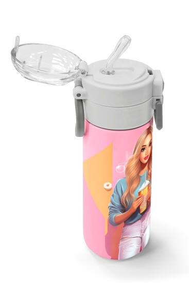 Coral High Kids Pembe Mercan Fashion Girl Desenli Pipetli ve Direkt İçim Çelik Termos 500 ml 31869 - 5