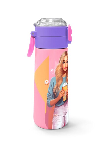 Coral High Kids Pembe Mercan Fashion Girl Desenli Pipetli ve Direkt İçim Çelik Termos 500 ml 31869 - 2