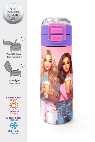 Coral High Kids Pembe Mercan Fashion Girl Desenli Pipetli ve Direkt İçim Çelik Termos 500 ml 31869 - 1