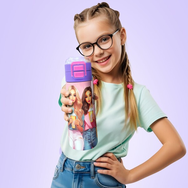 Coral High Kids Pembe Mercan Fashion Girl Desenli Pipetli ve Direkt İçim Çelik Termos 500 ml 31869 - 4