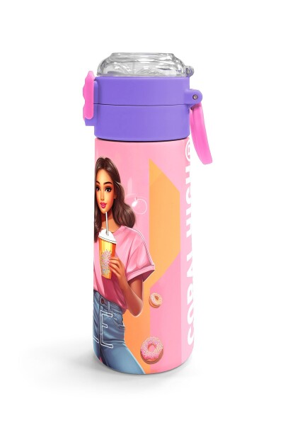Coral High Kids Pembe Mercan Fashion Girl Desenli Pipetli ve Direkt İçim Çelik Termos 500 ml 31869 - 3