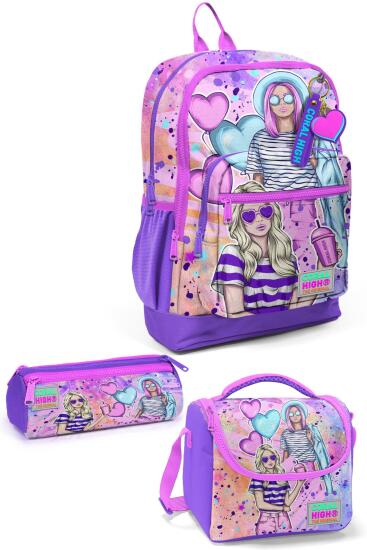 Coral High Kids Pembe Mor Fashion Girl Desenli 3’lü Okul Çanta Seti SET0123755 - Coral High