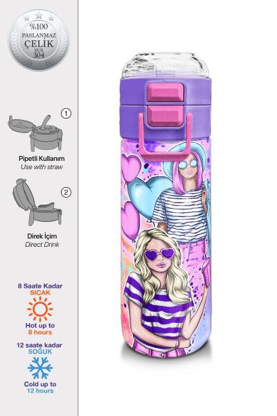 Coral High Kids Pembe Mor Fashion Girl Desenli Pipetli ve Direkt İçim Çelik Termos 500 ml 31956 - 1