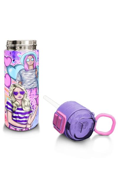Coral High Kids Pembe Mor Fashion Girl Desenli Pipetli ve Direkt İçim Çelik Termos 500 ml 31956 - 4
