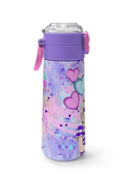 Coral High Kids Pembe Mor Fashion Girl Desenli Pipetli ve Direkt İçim Çelik Termos 500 ml 31956 - 3