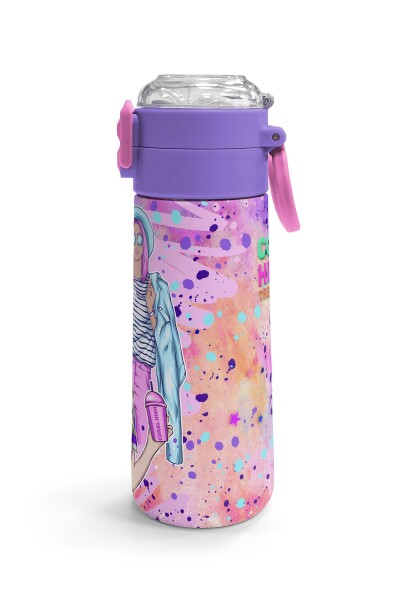 Coral High Kids Pembe Mor Fashion Girl Desenli Pipetli ve Direkt İçim Çelik Termos 500 ml 31956 - 4