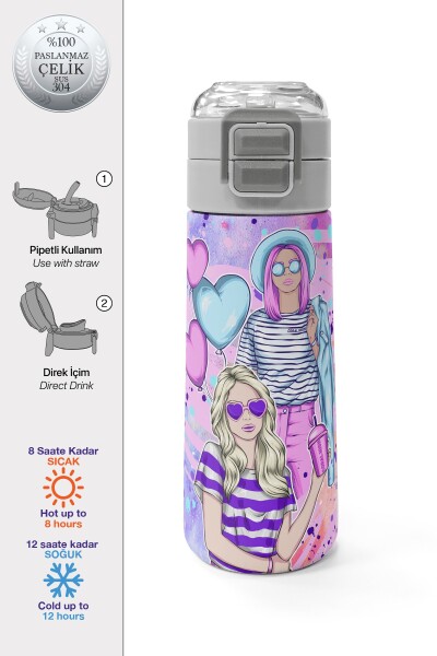 Coral High Kids Pembe Mor Fashion Girl Desenli Pipetli ve Direkt İçim Çelik Termos 500 ml 31956 - 1