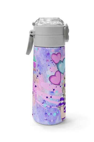 Coral High Kids Pembe Mor Fashion Girl Desenli Pipetli ve Direkt İçim Çelik Termos 500 ml 31956 - 2