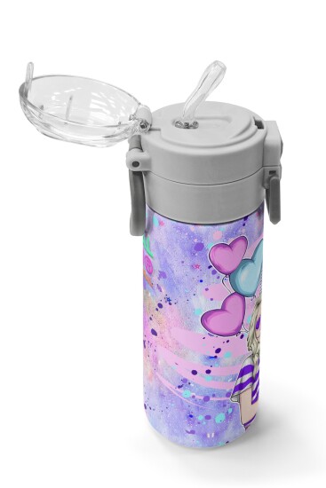 Coral High Kids Pembe Mor Fashion Girl Desenli Pipetli ve Direkt İçim Çelik Termos 500 ml 31956 - 5