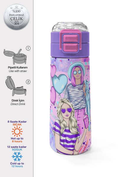 Coral High Kids Pembe Mor Fashion Girl Desenli Pipetli ve Direkt İçim Çelik Termos 500 ml 31956 - 1