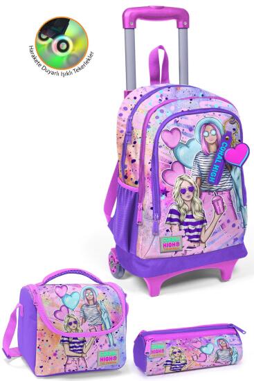 Coral High Kids Pembe Mor Fashion Girl Desenli Üç Bölmeli Çekçekli 3'lü Çanta Seti SET0123955 - Coral High