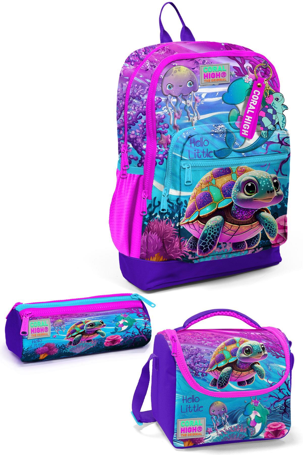 Coral High Kids Pembe Mor Kaplumbağa Desenli 3’lü Okul Çanta Seti SET0123756