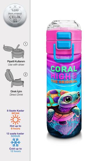 Coral High Kids Pembe Mor Kaplumbağa Desenli Pipetli ve Direkt İçim Çelik Termos 500 ml 31957 - Coral High KIDS