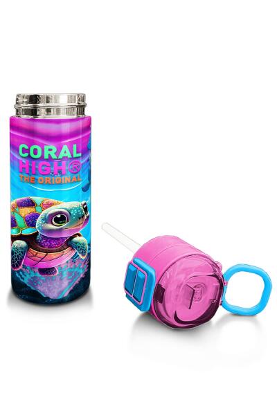 Coral High Kids Pembe Mor Kaplumbağa Desenli Pipetli ve Direkt İçim Çelik Termos 500 ml 31957 - 4
