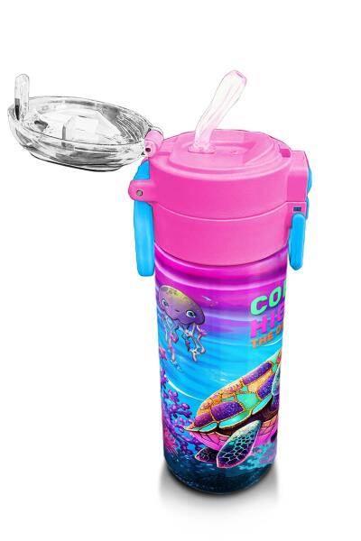 Coral High Kids Pembe Mor Kaplumbağa Desenli Pipetli ve Direkt İçim Çelik Termos 500 ml 31957 - 5