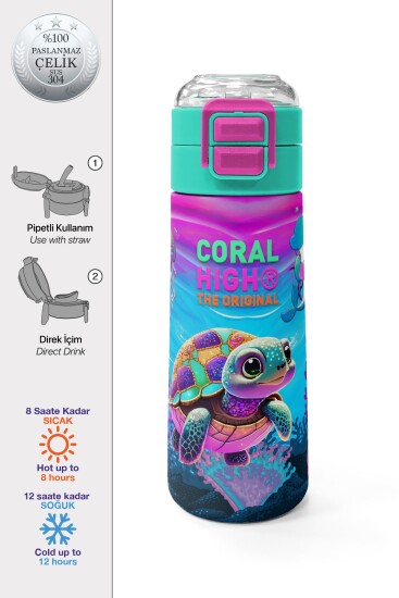 Coral High Kids Pembe Mor Kaplumbağa Desenli Pipetli ve Direkt İçim Çelik Termos 500 ml 31957 
