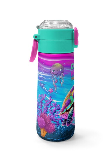 Coral High Kids Pembe Mor Kaplumbağa Desenli Pipetli ve Direkt İçim Çelik Termos 500 ml 31957 - 2