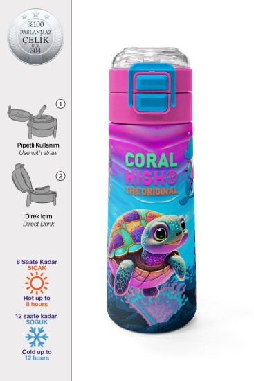 Coral High Kids Pembe Mor Kaplumbağa Desenli Pipetli ve Direkt İçim Çelik Termos 500 ml 31957 