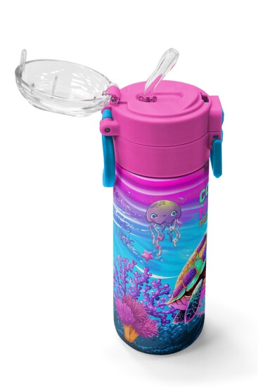 Coral High Kids Pembe Mor Kaplumbağa Desenli Pipetli ve Direkt İçim Çelik Termos 500 ml 31957 - 5
