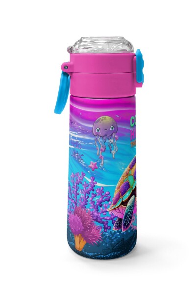 Coral High Kids Pembe Mor Kaplumbağa Desenli Pipetli ve Direkt İçim Çelik Termos 500 ml 31957 - 2