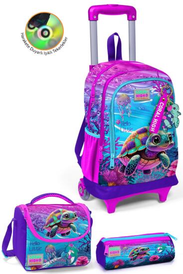 Coral High Kids Pembe Mor Kaplumbağa Desenli Üç Bölmeli Çekçekli 3'lü Çanta Seti SET0123956 - Coral High