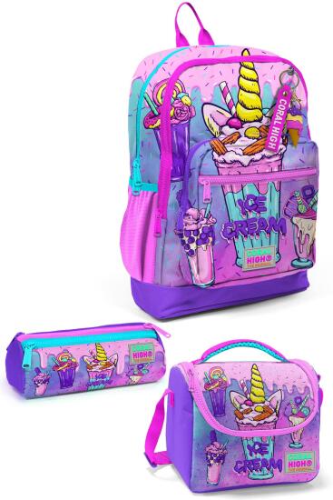 Coral High Kids Pembe Mor Milkshake Dondurma Desenli 3’lü Okul Çanta Seti SET0123749 - Coral High