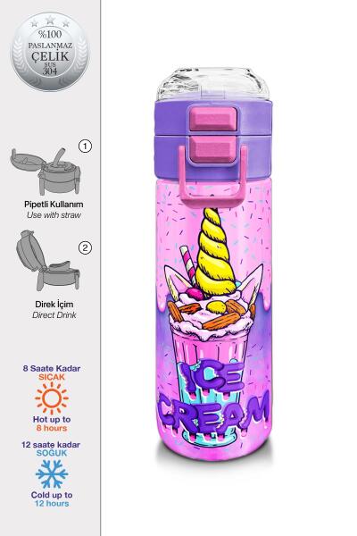 Coral High Kids Pembe Mor Milkshake Dondurma Desenli Pipetli ve Direkt İçim Çelik Termos 500 ml 31950 - 1
