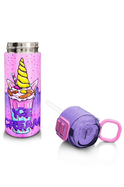 Coral High Kids Pembe Mor Milkshake Dondurma Desenli Pipetli ve Direkt İçim Çelik Termos 500 ml 31950 - 4