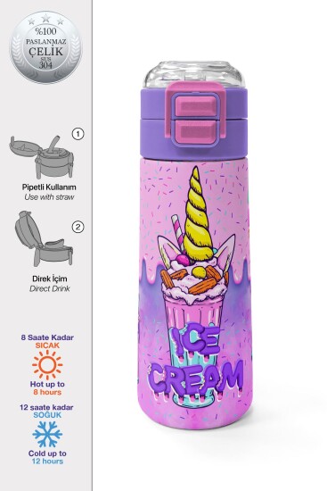 Coral High Kids Pembe Mor Milkshake Dondurma Desenli Pipetli ve Direkt İçim Çelik Termos 500 ml 31950 