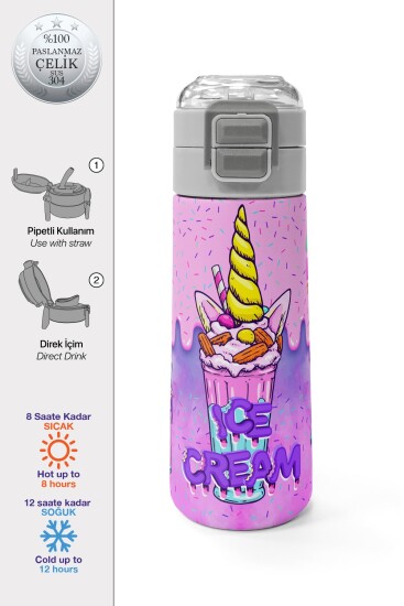 Coral High Kids Pembe Mor Milkshake Dondurma Desenli Pipetli ve Direkt İçim Çelik Termos 500 ml 31950 - Coral High KIDS