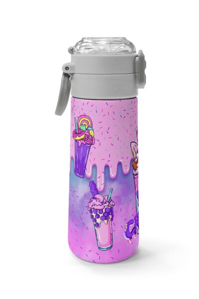 Coral High Kids Pembe Mor Milkshake Dondurma Desenli Pipetli ve Direkt İçim Çelik Termos 500 ml 31950 - 2