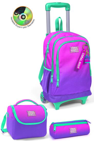 Coral High Kids Pembe Mor Renk Geçişli Üç Bölmeli Çekçekli 3'lü Çanta Seti SET0123962 - Coral High