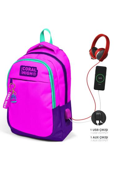Coral High Kids Pembe Mor Üç Bölmeli USB'li Okul Sırt Çantası 24314 - Coral High KIDS