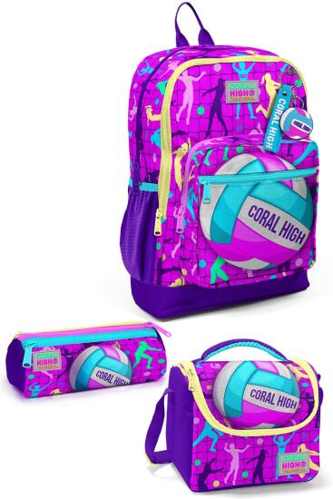 Coral High Kids Pembe Mor Voleybol Desenli 3’lü Okul Çanta Seti SET0123761 - Coral High
