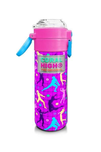 Coral High Kids Pembe Mor Voleybol Desenli Pipetli ve Direkt İçim Çelik Termos 500 ml 31795 - 2