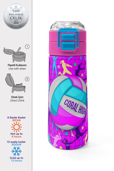 Coral High Kids Pembe Mor Voleybol Desenli Pipetli ve Direkt İçim Çelik Termos 500 ml 31962 