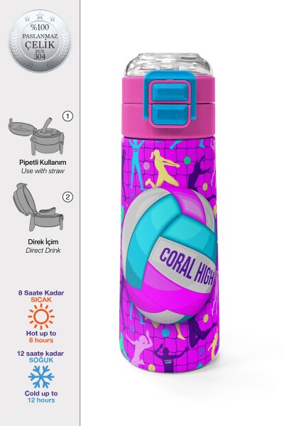 Coral High Kids Pembe Mor Voleybol Desenli Pipetli ve Direkt İçim Çelik Termos 500 ml 31962 - 1