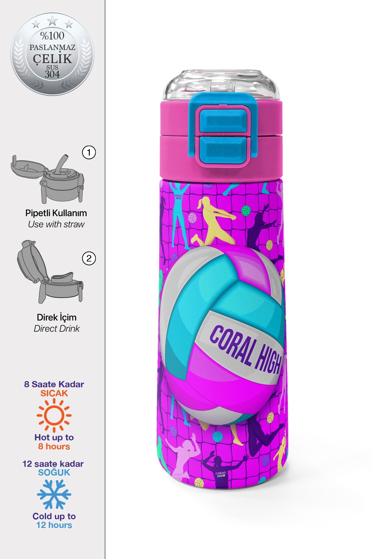 Coral High Kids Pembe Mor Voleybol Desenli Pipetli ve Direkt İçim Çelik Termos 500 ml 31962