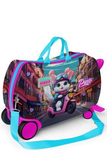 Coral High Kids Pembe Motorlu Kedi Desenli Otur-Çek Çocuk Valizi 16358 - 5