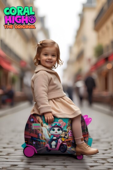 Coral High Kids Pembe Motorlu Kedi Desenli Otur-Çek Çocuk Valizi 16358 - 2