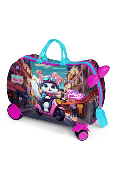 Coral High Kids Pembe Motorlu Kedi Desenli Otur-Çek Çocuk Valizi 16358 - CORAL HIGH KIDS